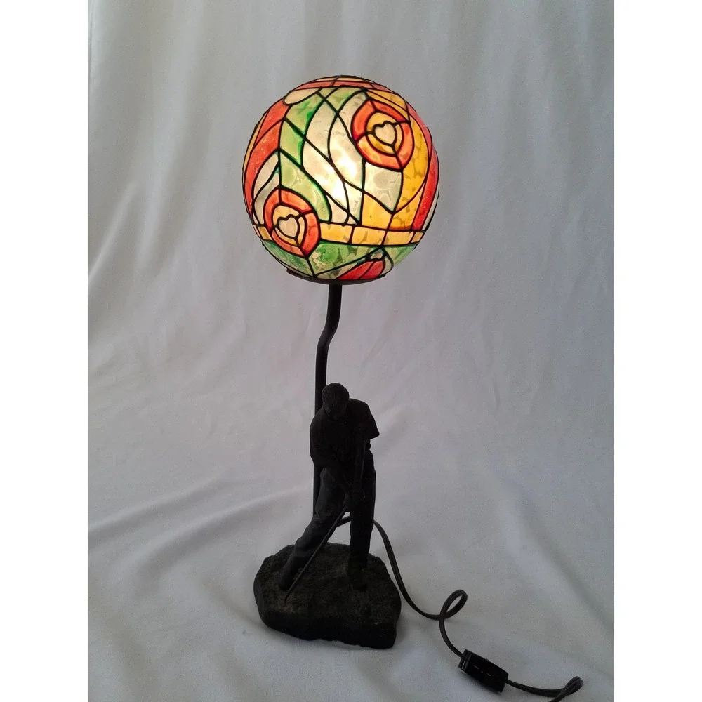 Vintage solid bronze man playing golf table lamp glass globe home decor light